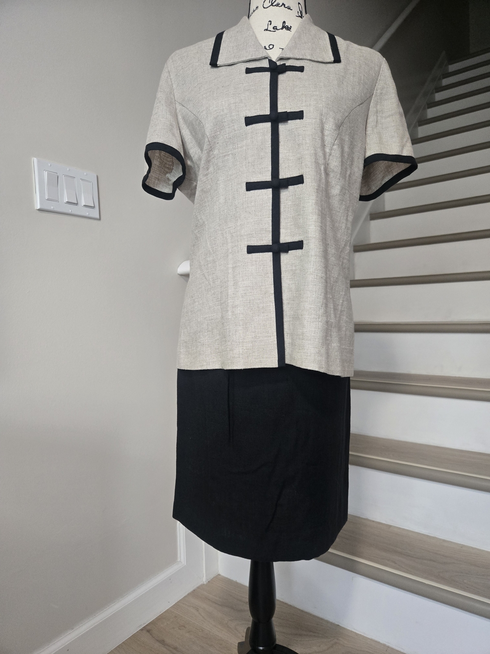 Positive Attitude Beige Top with Black Trim and Black Skirt Midi Set